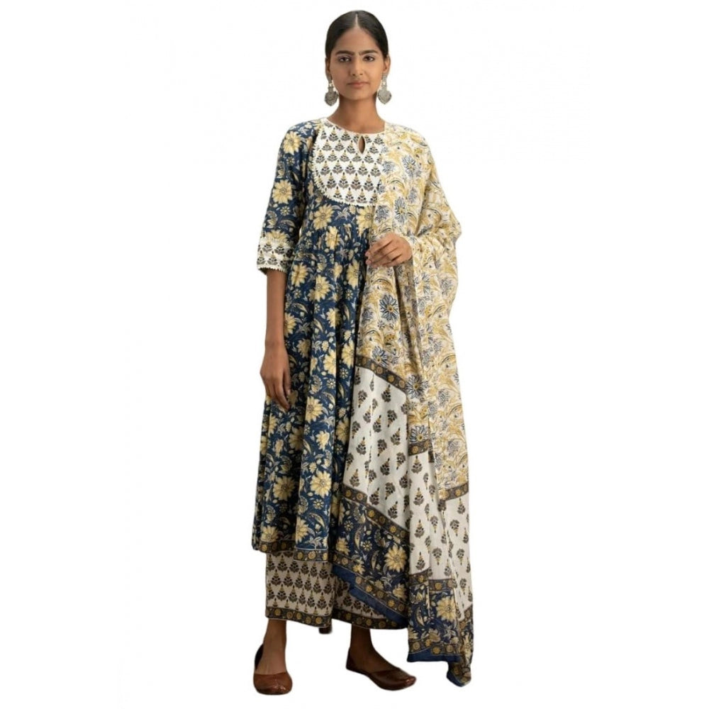 Generic Women's Rayon Printed Kurti With Bottom And Dupatta Set (Blue)