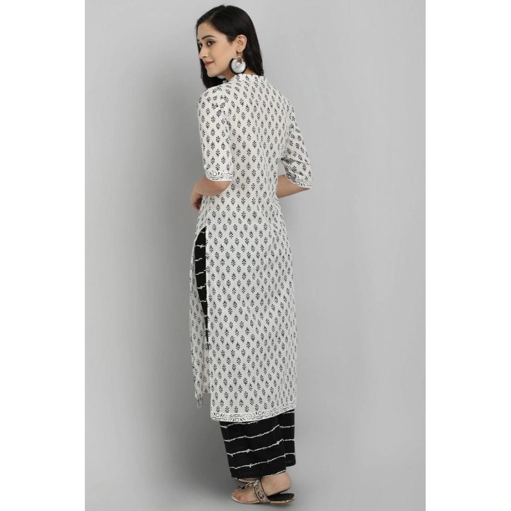 Generic Women's Rayon Printed Kurti With Bottom And Dupatta Set (Black And White)