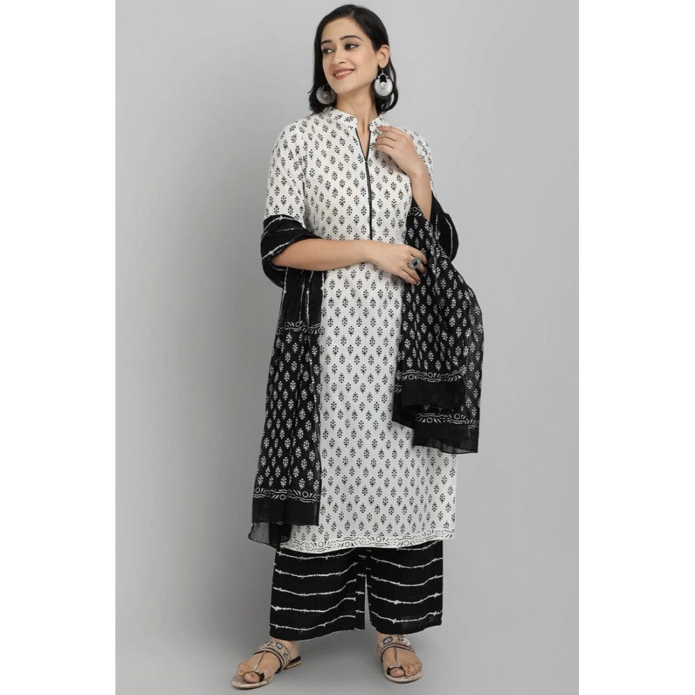 Generic Women's Rayon Printed Kurti With Bottom And Dupatta Set (Black And White)