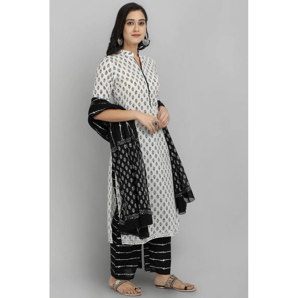 Generic Women's Rayon Printed Kurti With Bottom And Dupatta Set (Black And White)