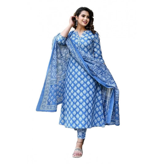 Generic Women's Rayon Printed Kurti With Bottom And Dupatta Set (Light Blue)