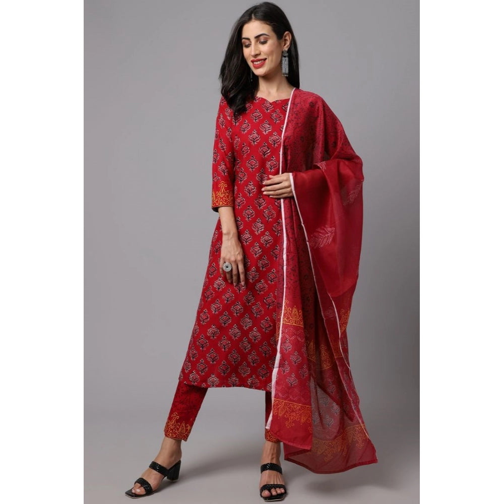 Generic Women's Rayon Printed Kurti With Bottom And Dupatta Set (Red)