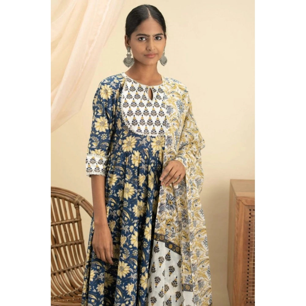 Generic Women's Rayon Printed Kurti With Bottom And Dupatta Set (Blue)