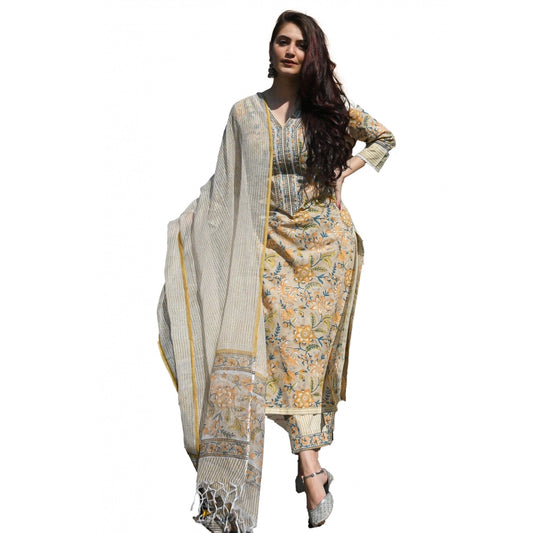 Generic Women's Rayon Printed Kurti With Bottom And Dupatta Set (Creamy Yellow)