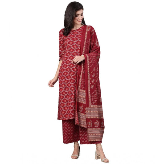 Generic Women's Rayon Printed Kurti With Bottom And Dupatta Set (Red)