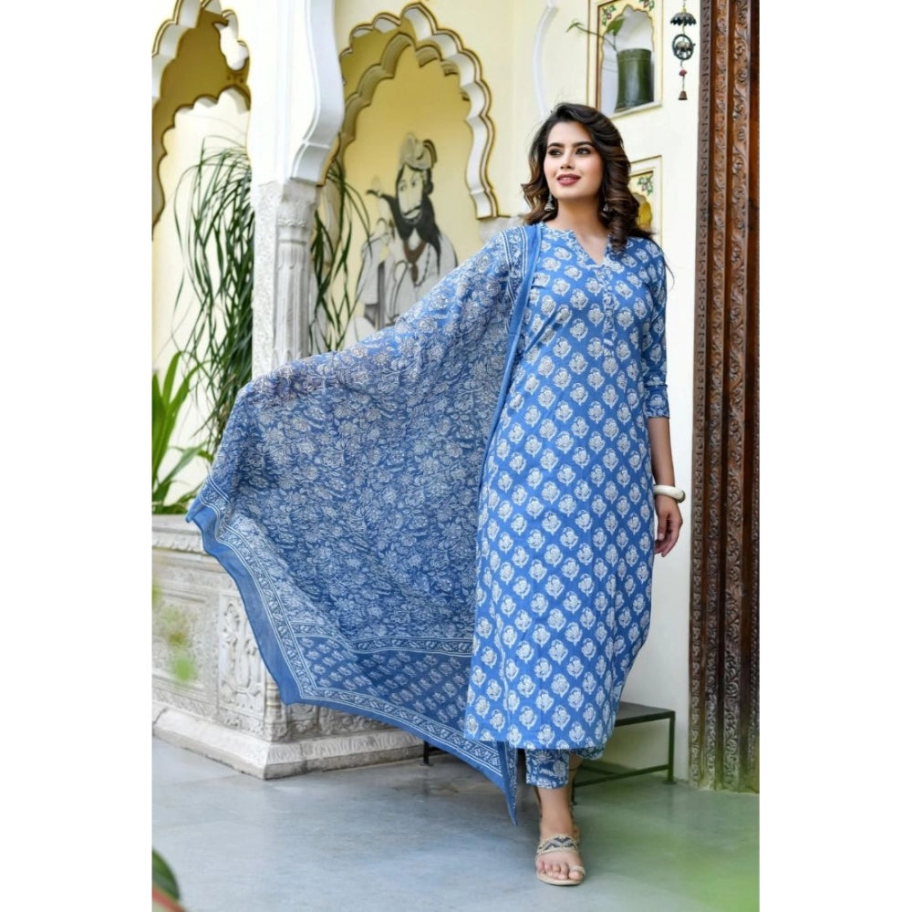 Generic Women's Rayon Printed Kurti With Bottom And Dupatta Set (Light Blue)