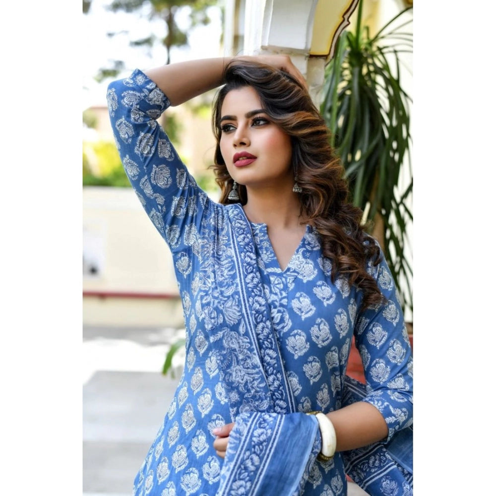 Generic Women's Rayon Printed Kurti With Bottom And Dupatta Set (Light Blue)