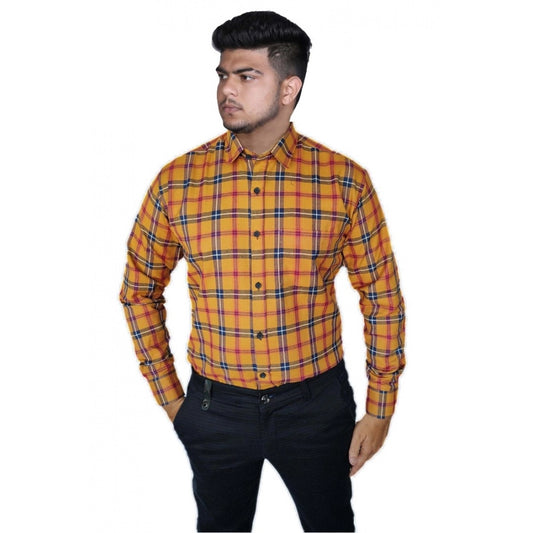 Generic Men's Cotton Lycra Full Sleeve Checked Casual Shirt (Orange)