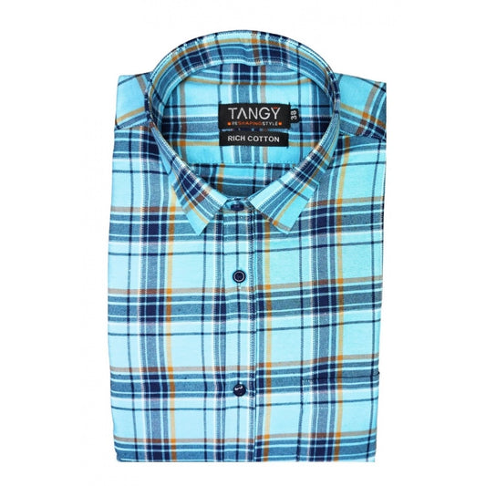 Generic Men's Cotton Lycra Full Sleeve Checked Casual Shirt (Turquoise)