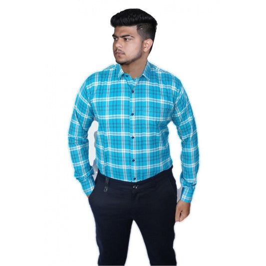 Generic Men's Cotton Lycra Full Sleeve Checked Casual Shirt (Sky Blue)