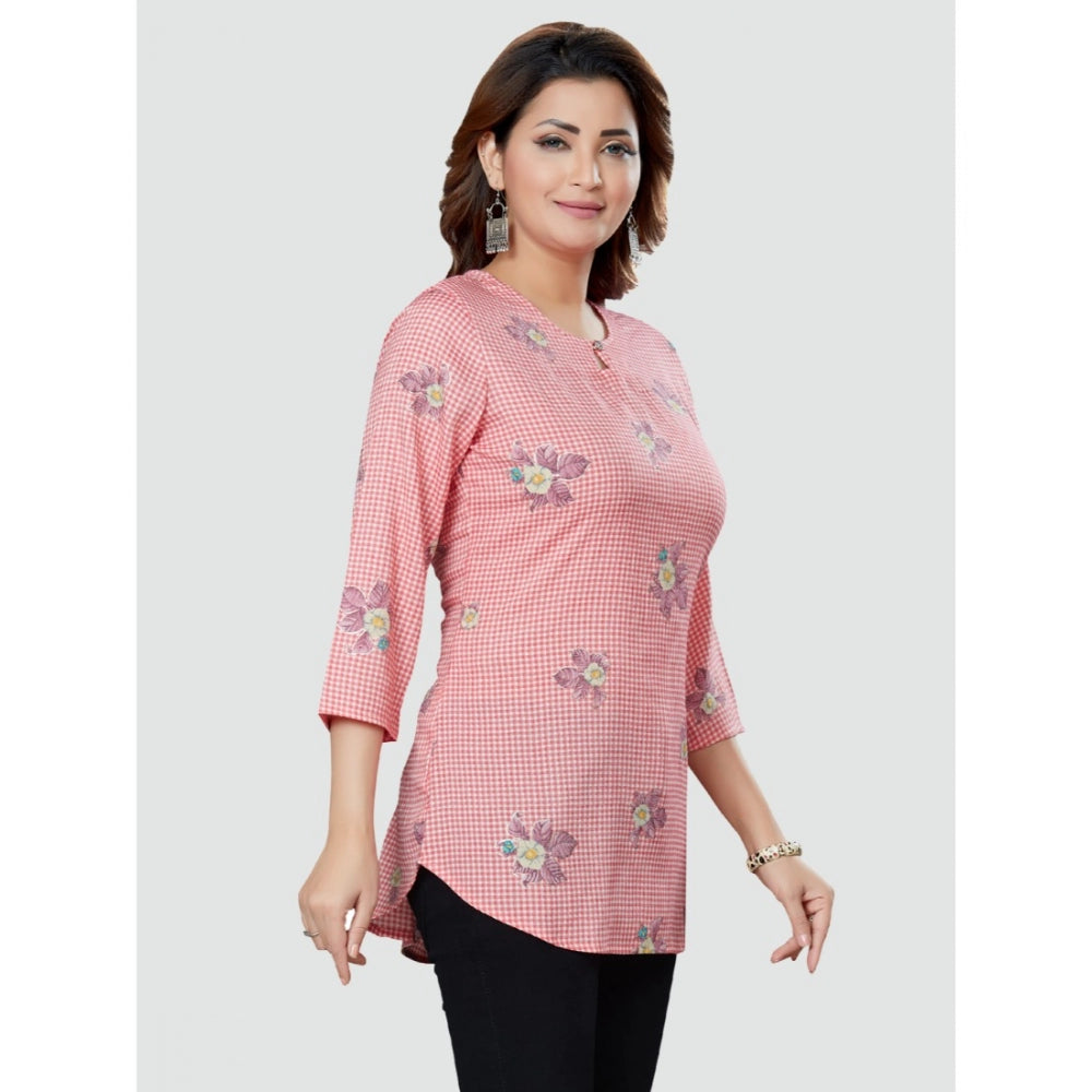 Generic Women's Casual 3/4 Sleeves Printed Rayon Short Top (Pink)