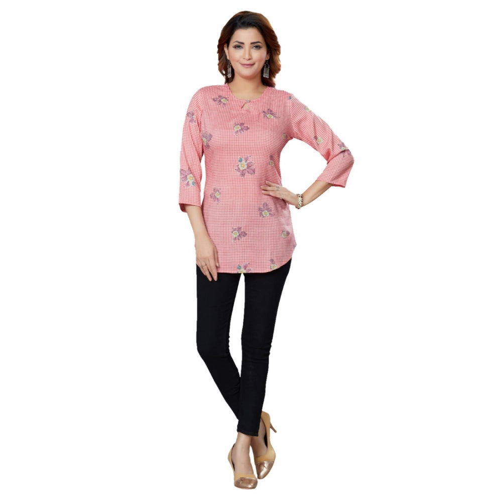 Generic Women's Casual 3/4 Sleeves Printed Rayon Short Top (Pink)