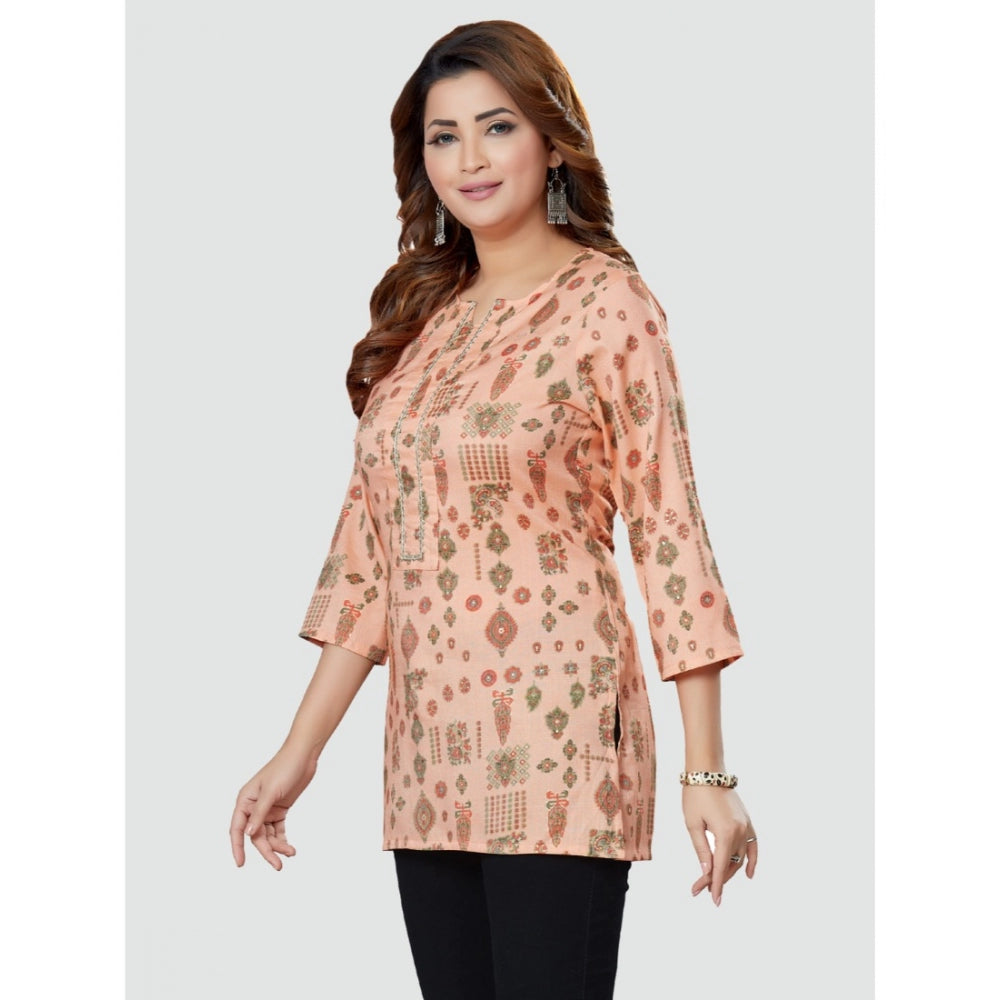 Generic Women's Casual 3/4 Sleeves Printed Rayon Short Top (Peach)