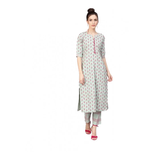 Generic Women's Casual 3/4 Sleeve Printed Rayon Kurti Set (Green)