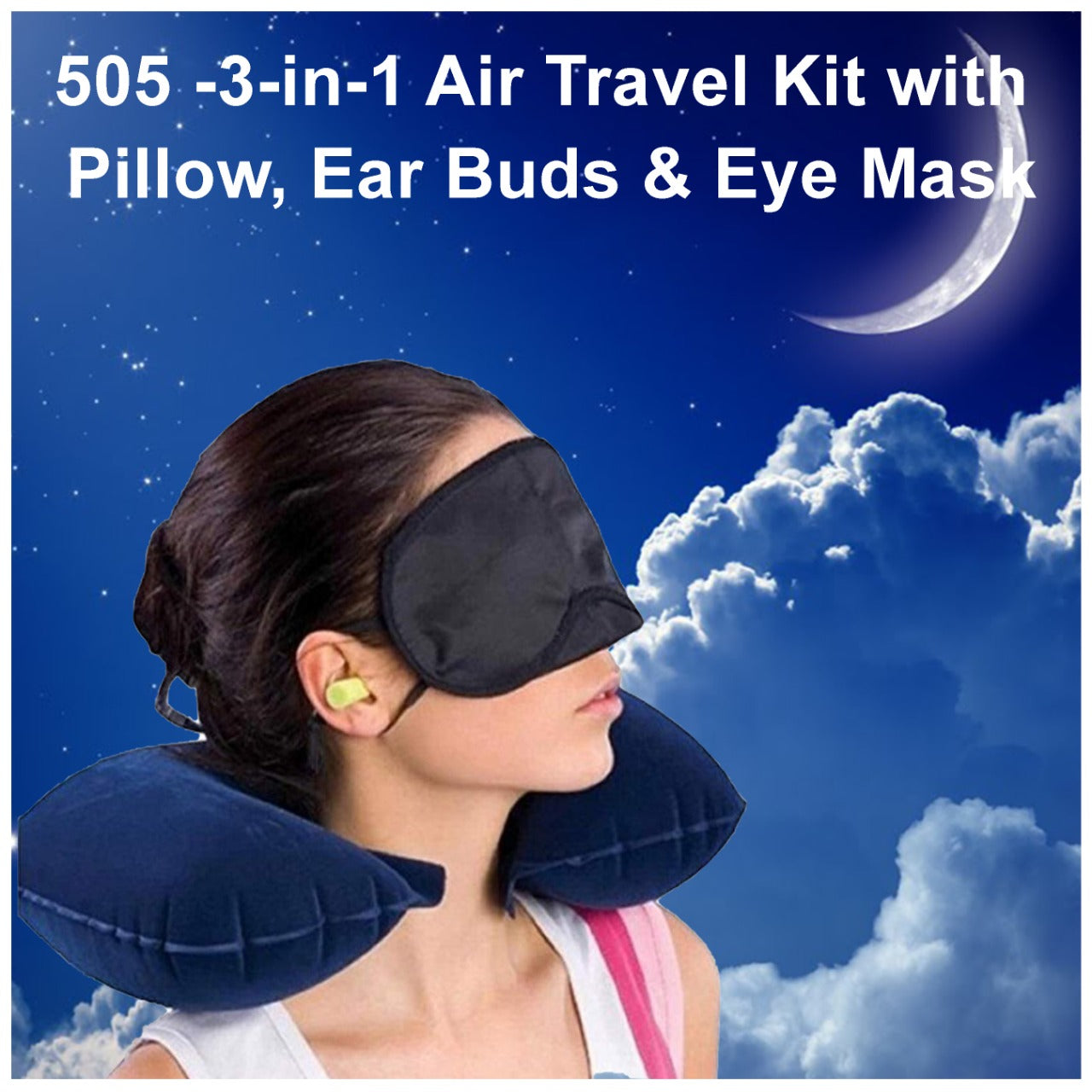 505 -3-in-1 Air Travel Kit with Pillow, Ear Buds & Eye Mask Doppler Shift Enterprises WITH BZ LOGO